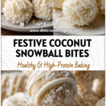 Round White Coconut Balls coated in coconut flakes on a holiday plate with white chocolate drizzle.
